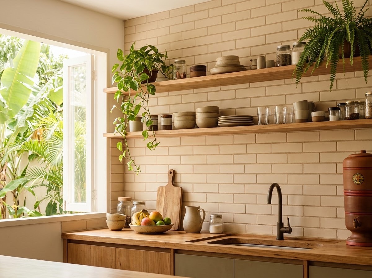 Cozinha com parede de plaqueta de barro clara