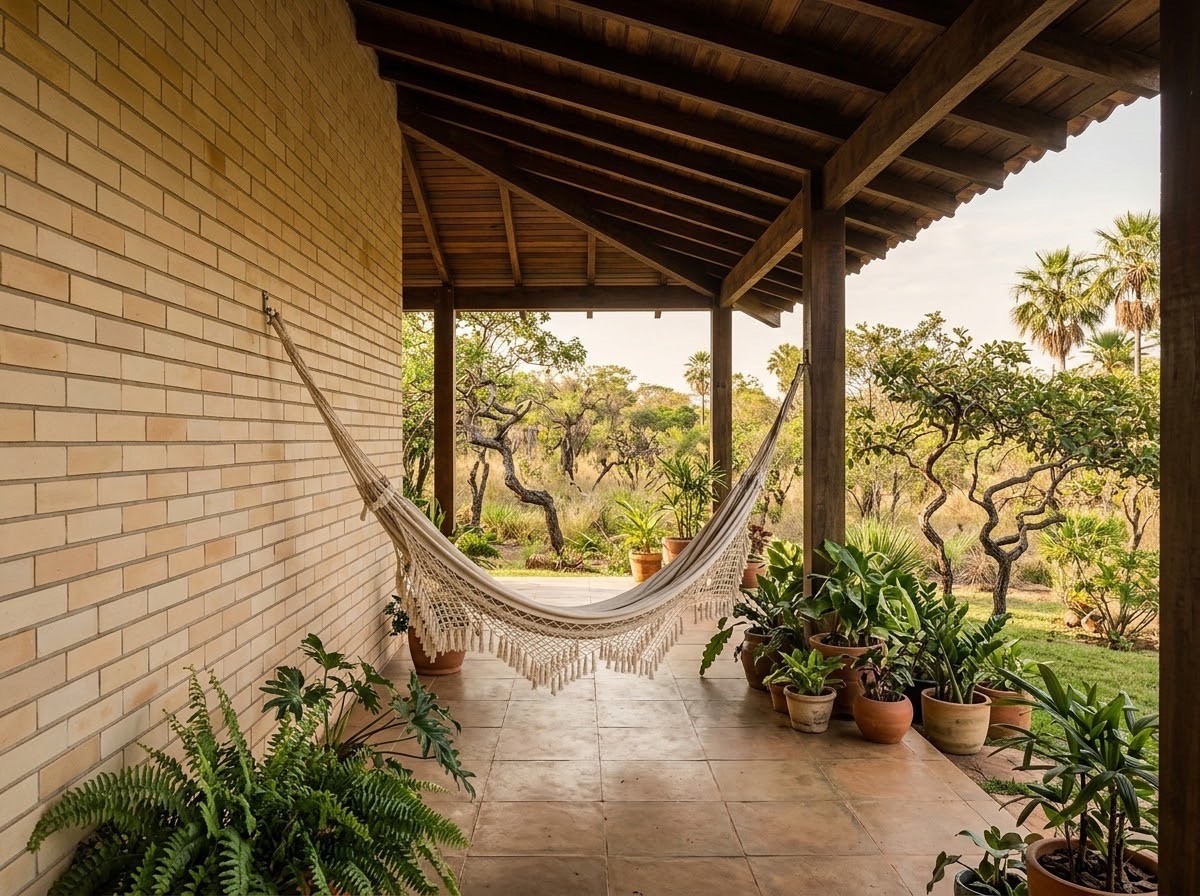 Varanda com parede de plaqueta de barro clara e vegetação do cerrado