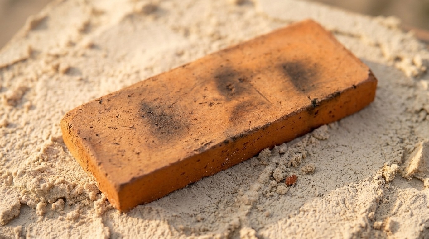 Plaqueta queimada sobre areia, com marcas de fogo